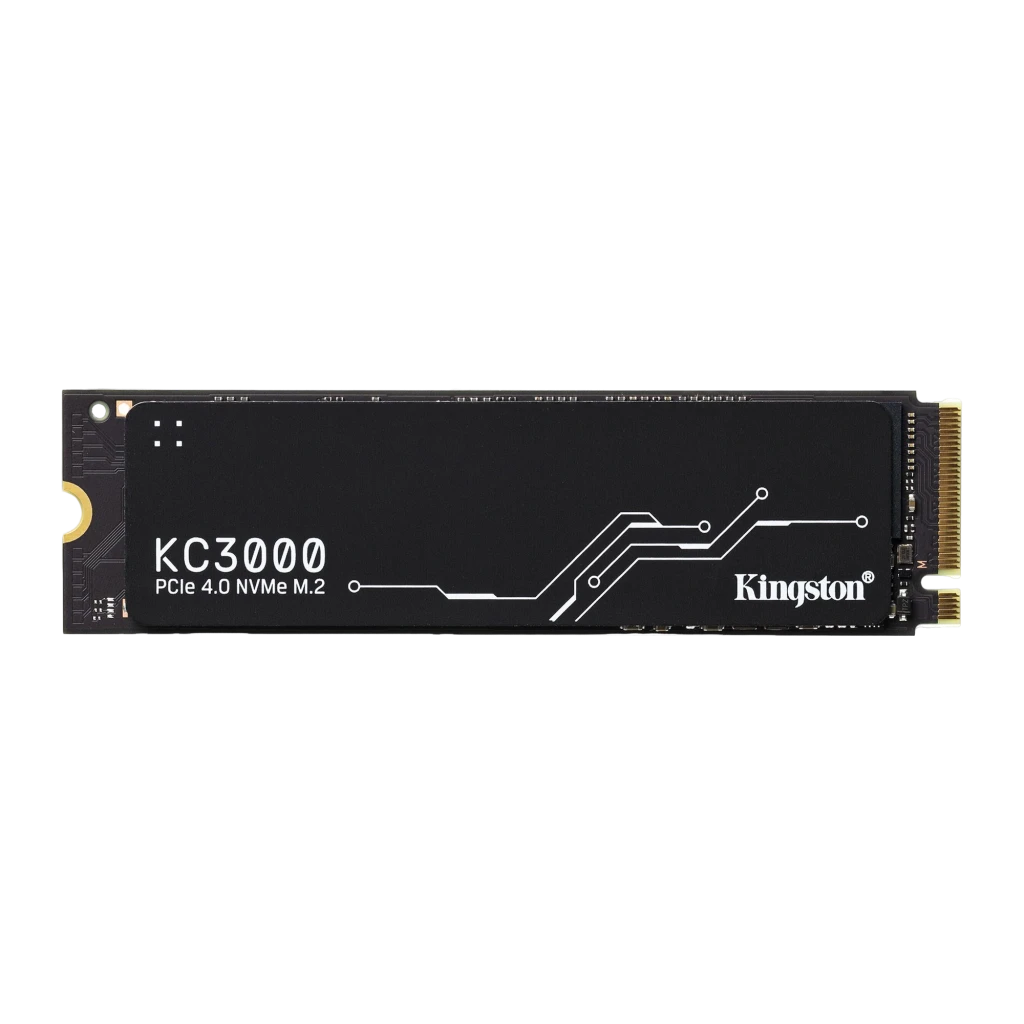 Kingston KC3000 4096GB noir, vue de face: dissipateur noir avec logo KC3000, texte PCIe 4.0 NVMe M.2 et motif de circuits