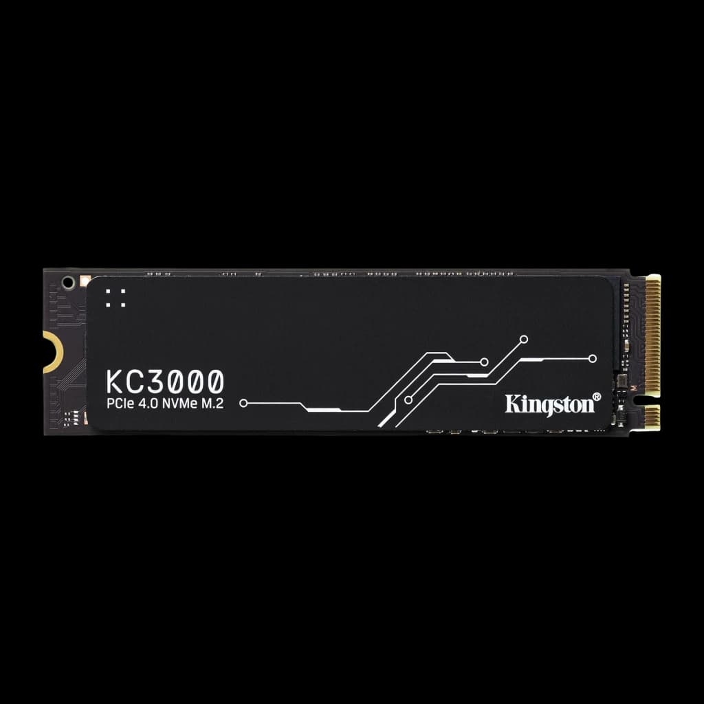 Kingston KC3000 4096GB noir, vue de face: dissipateur noir avec logo KC3000, texte PCIe 4.0 NVMe M.2 et motif de circuits