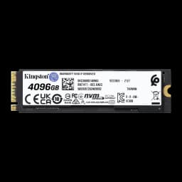 Kingston KC3000 4096GB noir, vue arrière: étiquette blanche avec capacité 4096GB, certifications CE, FCC et NVMe Express