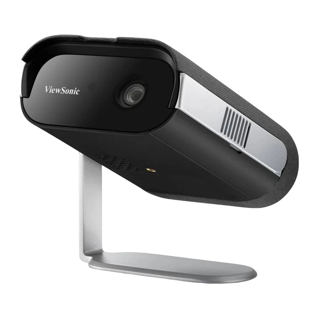 ViewSonic M1 Max LED FHD preto, vista frontal-lateral superior: lente, grelha de ventilação, tecido texturizado e suporte - Item2
