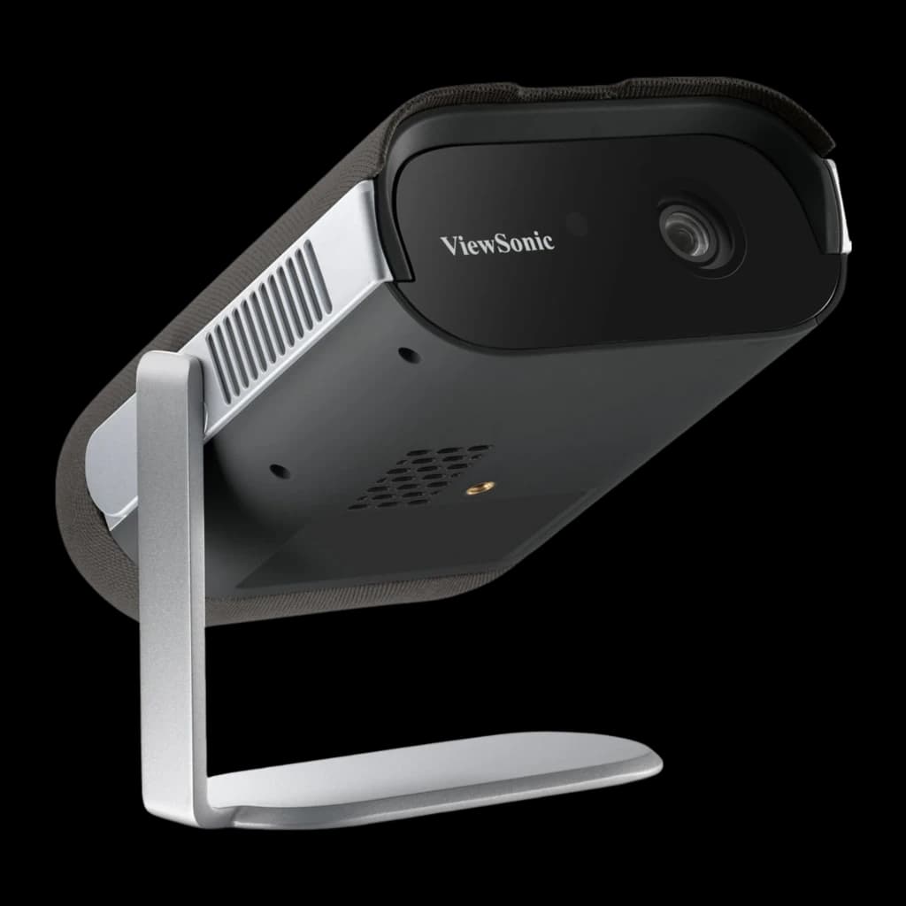 ViewSonic M1 Max LED FHD noir, vue arrière-inférieure: grille du haut-parleur, ventilation latérale et objectif visible