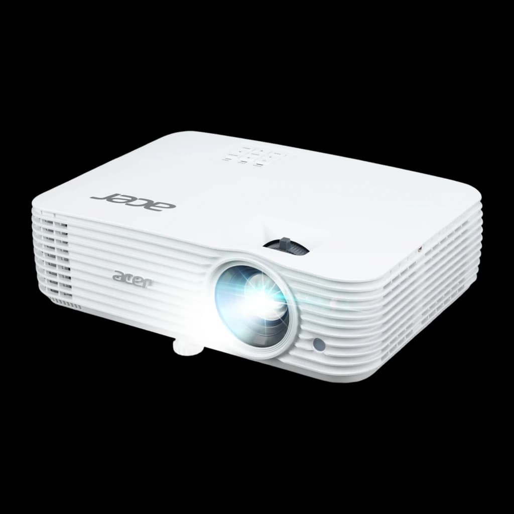 Acer Projecteur X1526 Full HD 4000lm Blanc, vue en angle: objectif allumé, grilles de ventilation latérales et panneau