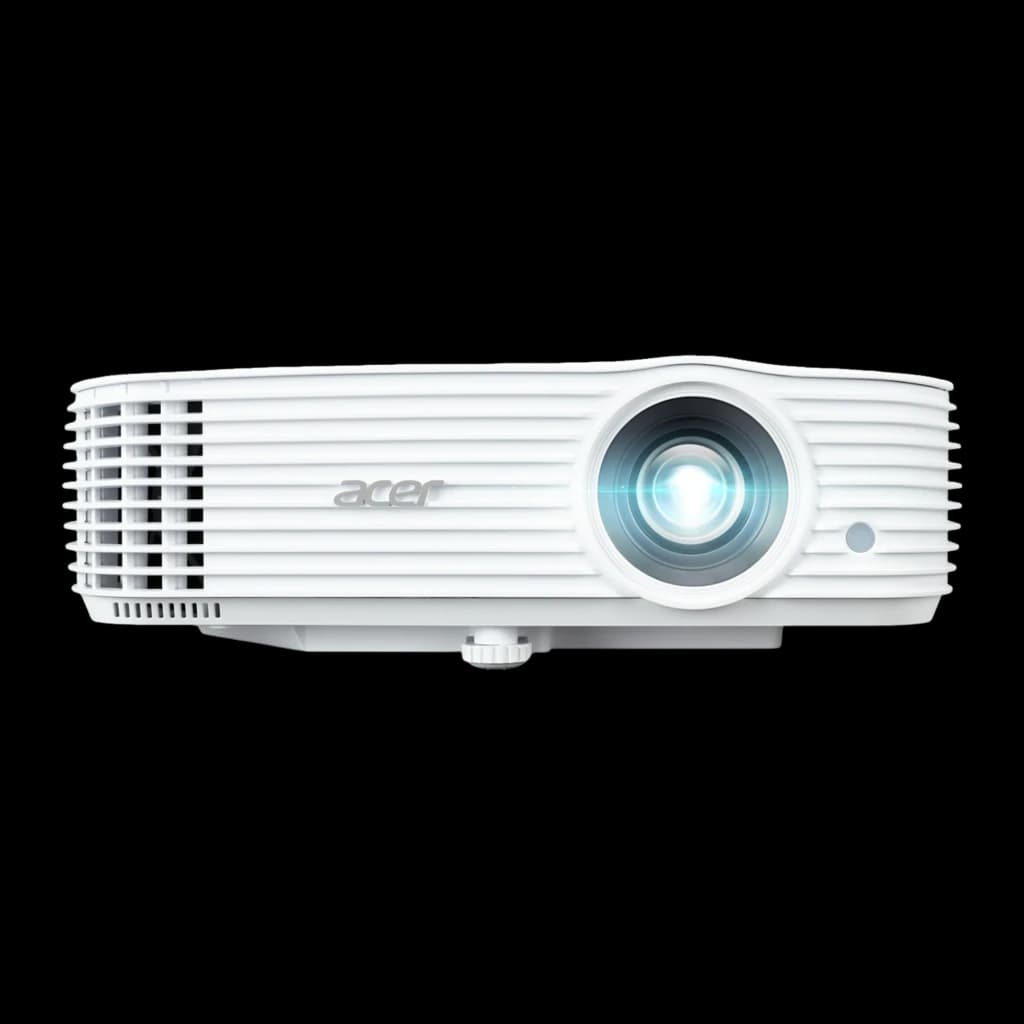 Acer Projecteur X1526 Full HD 4000lm DLP Blanc, vue de face latérale: objectif allumé, grilles de ventilation et logo Acer