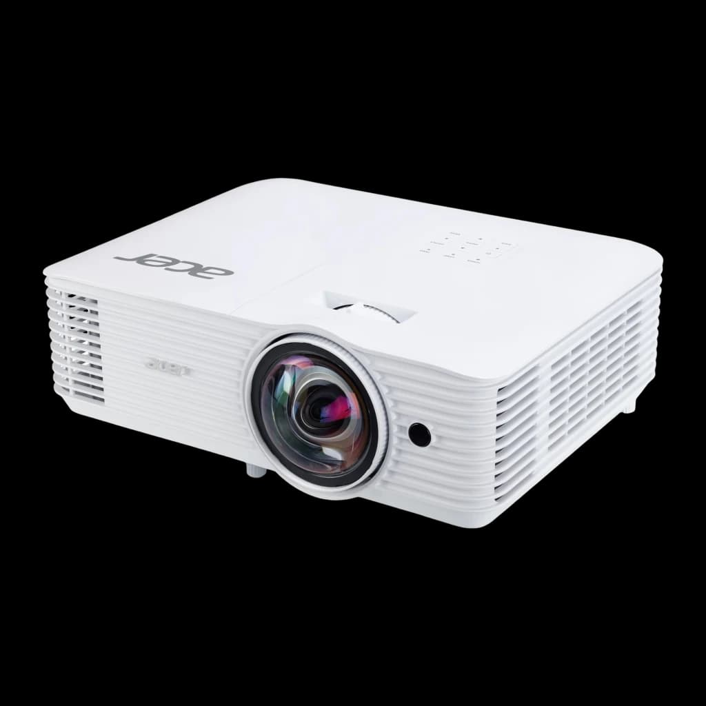 Acer Projecteur S1287 DLP XGA 4000lm blanc, perspective avant-droite: objectif grand-angle et grilles droites mis en valeur