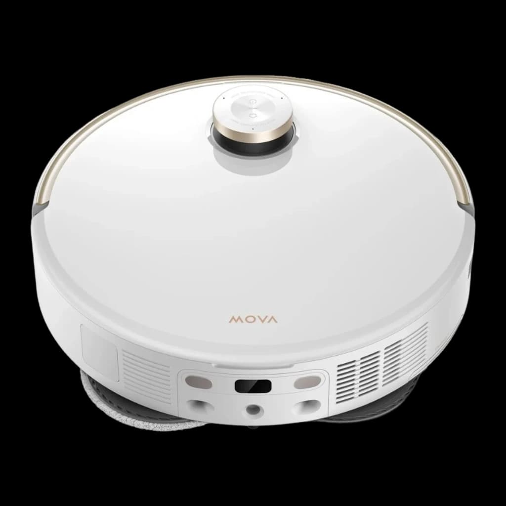 MOVA Dreame V50 Ultra Complete blanc, vue avant-dessus: corps rond, capteur LiDAR doré, serpillières et grilles visibles