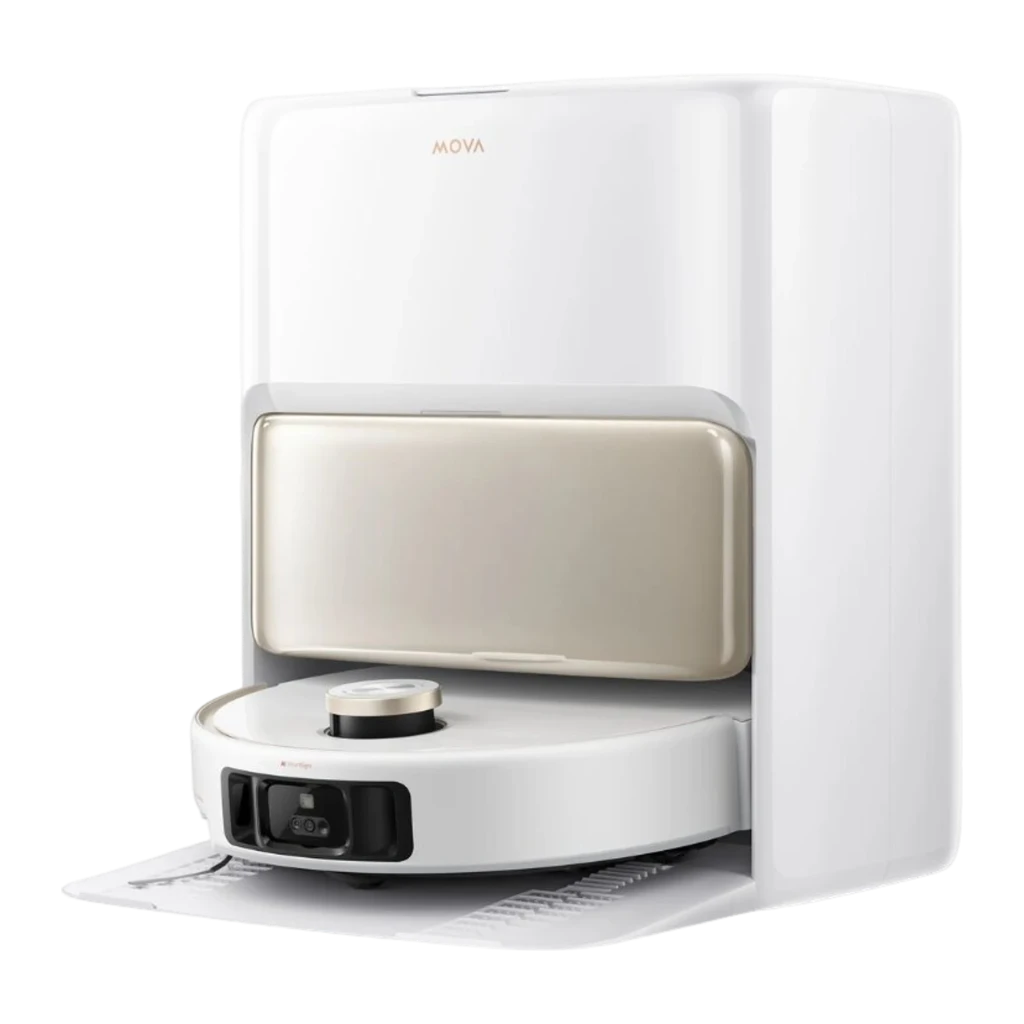 MOVA Dreame V50 Ultra Complete blanc, vue avant-dessus: corps rond, capteur LiDAR doré, serpillières et grilles visibles - Ítem1