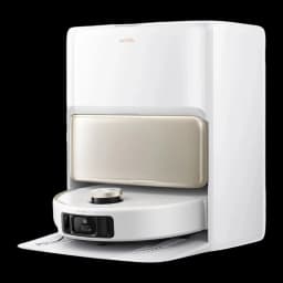 MOVA Dreame V50 Ultra Complete blanc, vue latérale avec base: robot ancré dans station d'auto-vidage blanche avec panneau