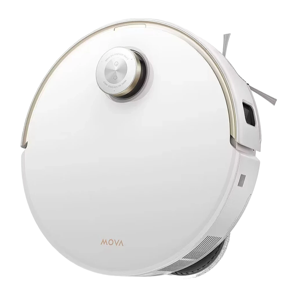 MOVA Dreame V50 Ultra Complete blanc, vue avant-dessus: corps rond, capteur LiDAR doré, serpillières et grilles visibles - Ítem2