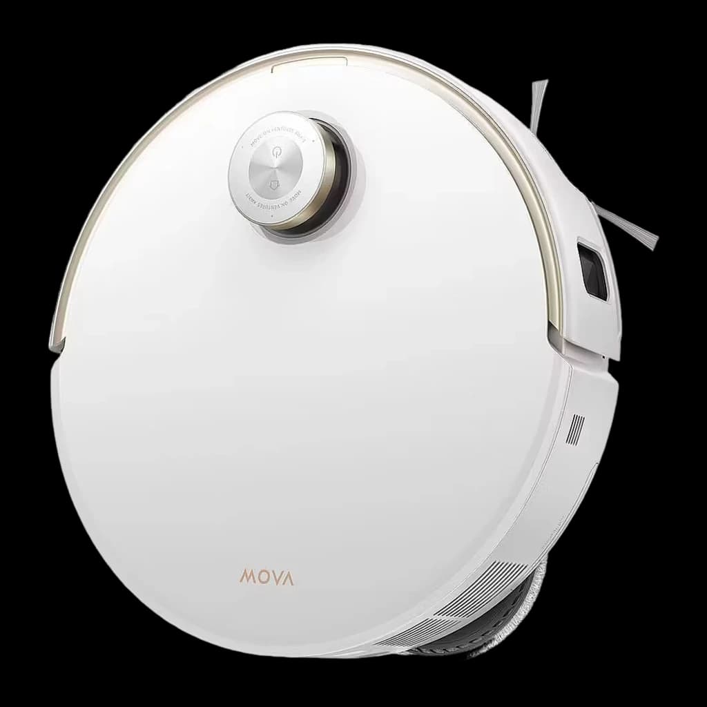 MOVA Dreame V50 Ultra Complete blanc, vue dessus en angle: capteur LiDAR argenté, brosse latérale déployée et grille latérale