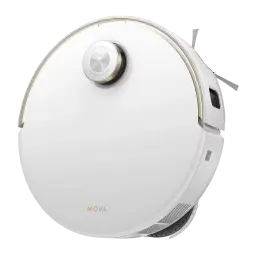 MOVA Dreame V50 Ultra Complete blanc, vue dessus en angle: capteur LiDAR argenté, brosse latérale déployée et grille latérale