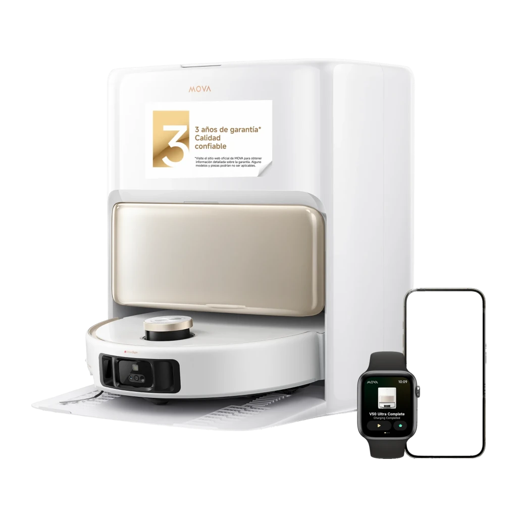 MOVA Dreame V50 Ultra Complete blanc, vue avant-dessus: corps rond, capteur LiDAR doré, serpillières et grilles visibles - Ítem4