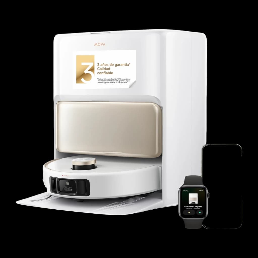 MOVA Dreame V50 Ultra Complete blanc, vue de face: base de charge dorée, robot aspirateur, smartwatch et smartphone avec app