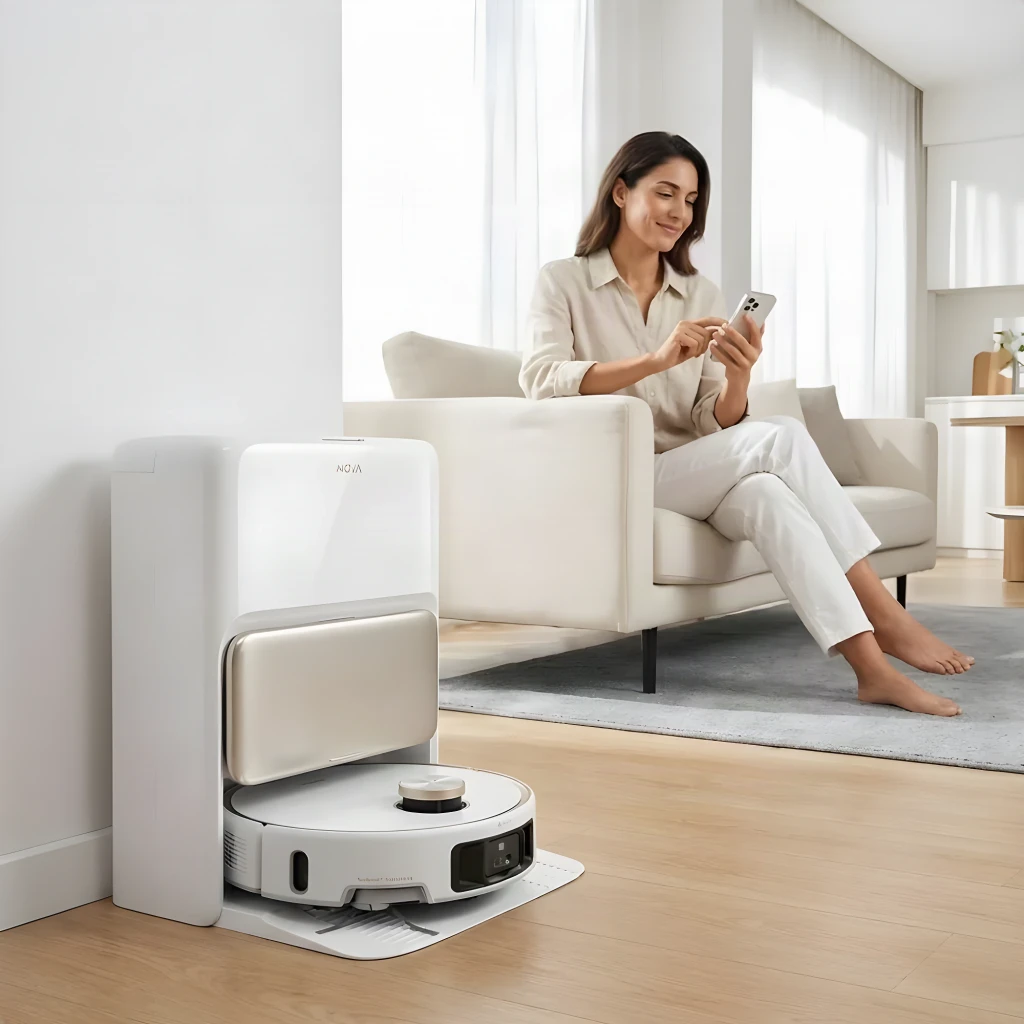 MOVA Dreame V50 Ultra Complete blanc, vue avant-dessus: corps rond, capteur LiDAR doré, serpillières et grilles visibles - Ítem5