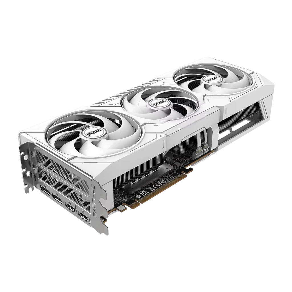 Sapphire PURE RX 9070 XT 16GB Branco, produto e caixa: placa gráfica triplo ventilador ao lado da embalagem AMD - Item2