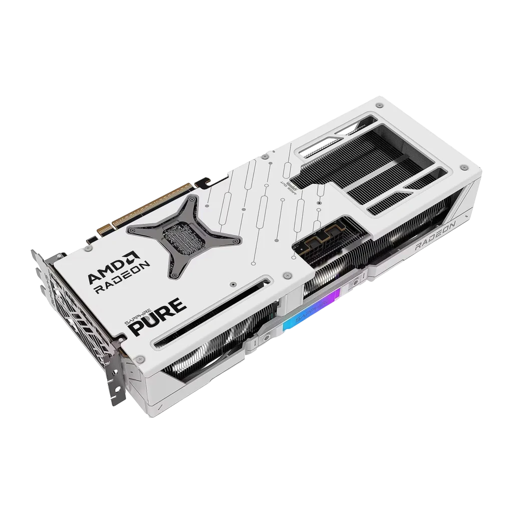 Sapphire PURE RX 9070 XT 16GB Branco, produto e caixa: placa gráfica triplo ventilador ao lado da embalagem AMD - Item3