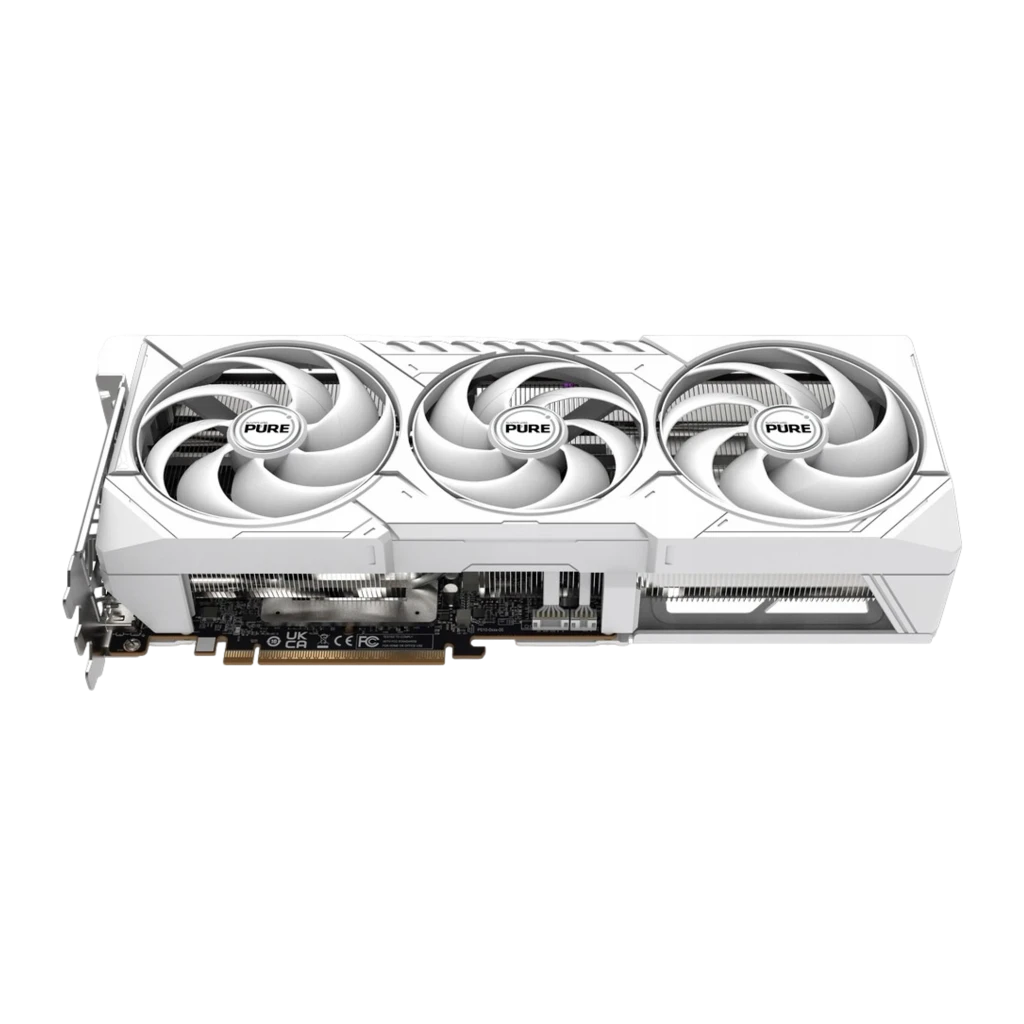 Sapphire PURE RX 9070 XT 16GB Branco, produto e caixa: placa gráfica triplo ventilador ao lado da embalagem AMD - Item1