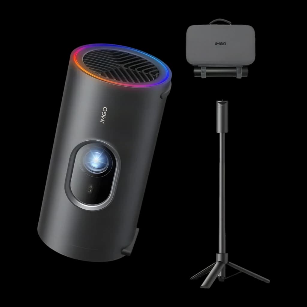 JMGO PicoPlay+ Proyector 16GB Negro, set completo: proyector con aro RGB, trípode y funda de transporte