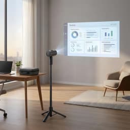 JMGO PicoPlay+ Proyector con Trípode 16GB negro, uso en sala: proyectando presentación de negocios en pared con trípode