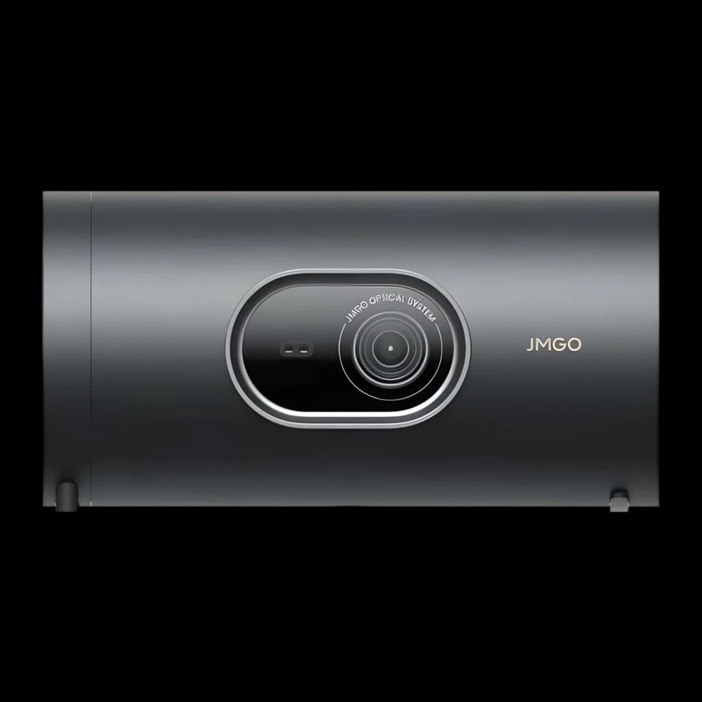 JMGO PicoPlay+ Proyector con Trípode 16GB gris, vista frontal: lente óptica central oval y logo JMGO