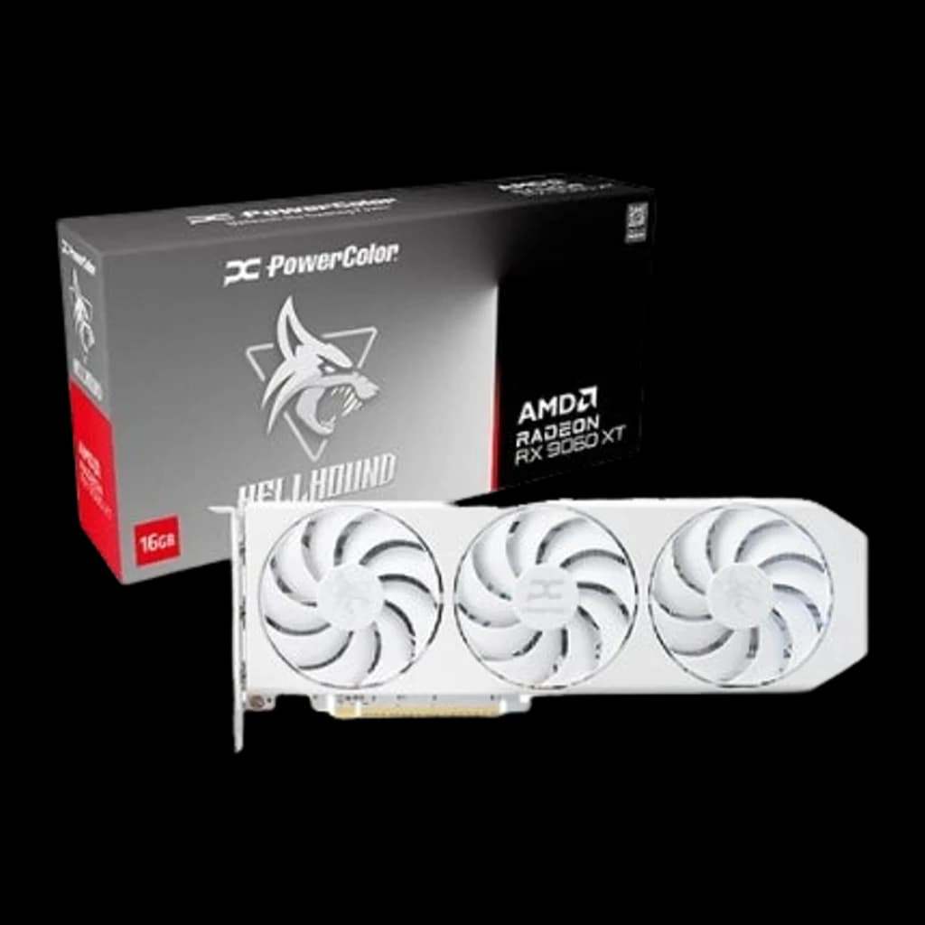 PowerColor Radeon RX 9060 XT Hellhound OC 16GB blanco, kit completo: tarjeta gráfica blanca con tres ventiladores junto a su