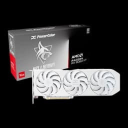 PowerColor Radeon RX 9060 XT Hellhound OC 16GB blanco, kit completo: tarjeta gráfica blanca con tres ventiladores junto a su