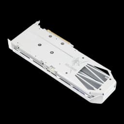 PowerColor Radeon RX 9060 XT Hellhound OC 16GB blanco, vista trasera en ángulo: backplate, aletas del disipador y logo