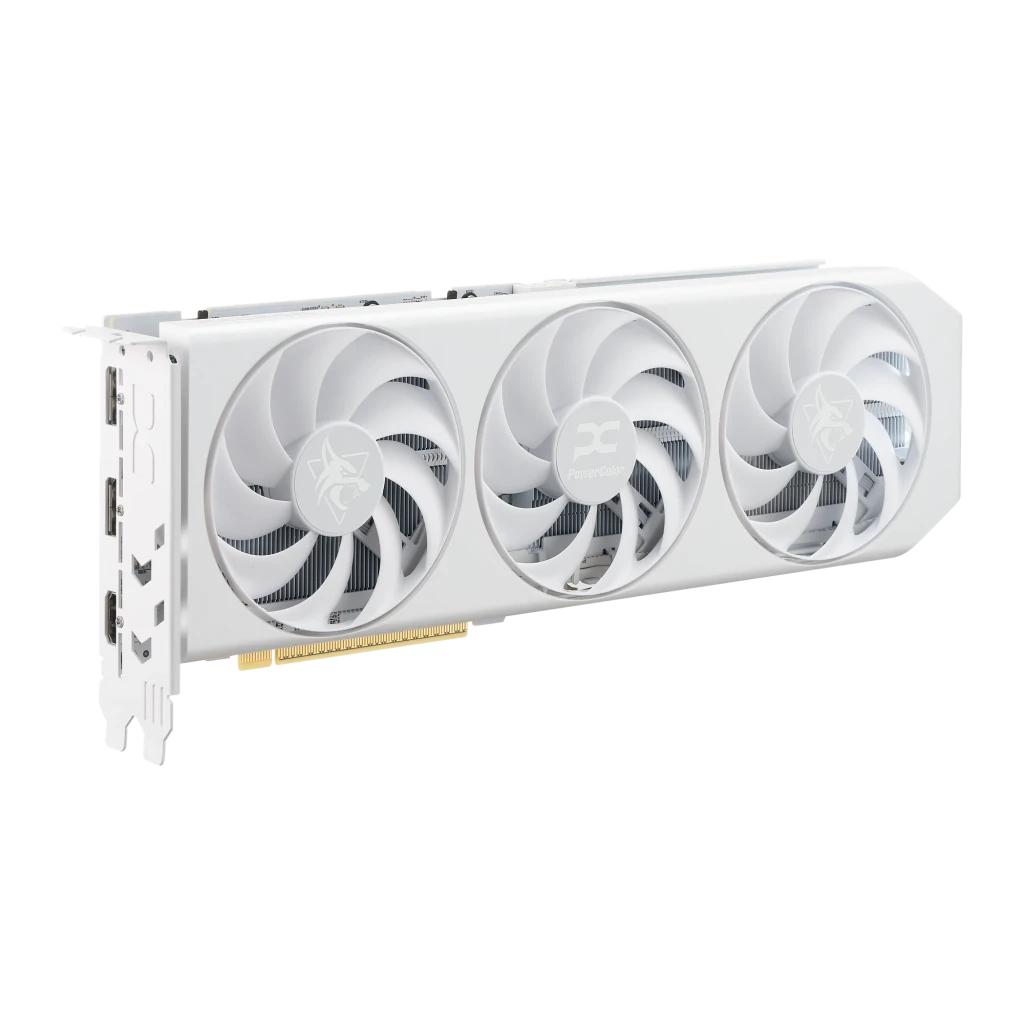 PowerColor Radeon RX 9060 XT Hellhound OC 16GB branco, kit completo: placa gráfica branca com três ventoinhas ao lado - Item4