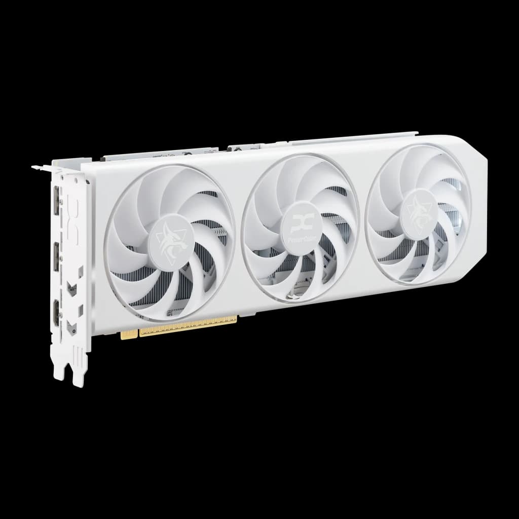 PowerColor Radeon RX 9060 XT Hellhound OC 16GB blanco, vista frontal directa: tres ventiladores con logos PowerColor