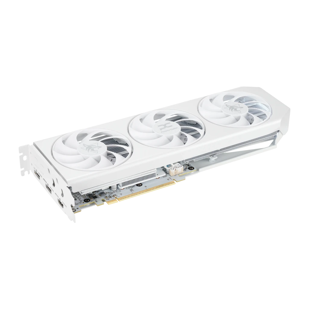 PowerColor Radeon RX 9060 XT Hellhound OC 16GB branco, kit completo: placa gráfica branca com três ventoinhas ao lado - Item1
