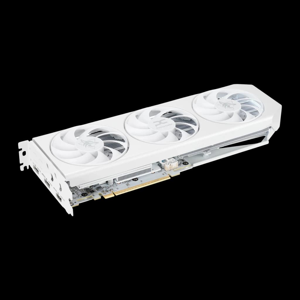 PowerColor Radeon RX 9060 XT Hellhound OC 16GB blanco, vista frontal en ángulo: tres ventiladores y bracket de salidas