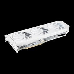 PowerColor Radeon RX 9060 XT Hellhound OC 16GB blanco, vista frontal en ángulo: tres ventiladores y bracket de salidas