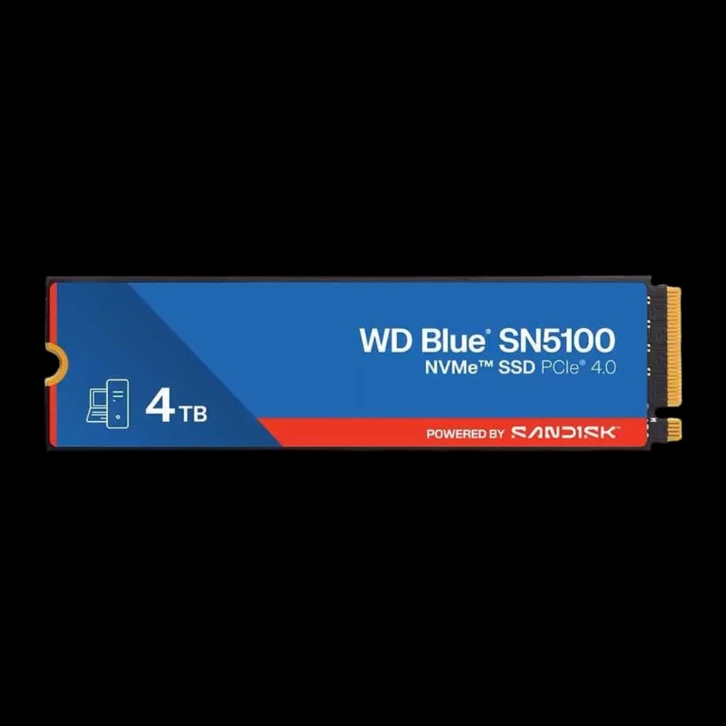 WD Blue SN5100 4TB bleu, vue de face: SSD M.2 avec étiquette bleue et rouge, logo NVMe PCIe 4.0 et connecteur doré