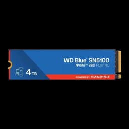 WD Blue SN5100 4TB bleu, vue de face: SSD M.2 avec étiquette bleue et rouge, logo NVMe PCIe 4.0 et connecteur doré