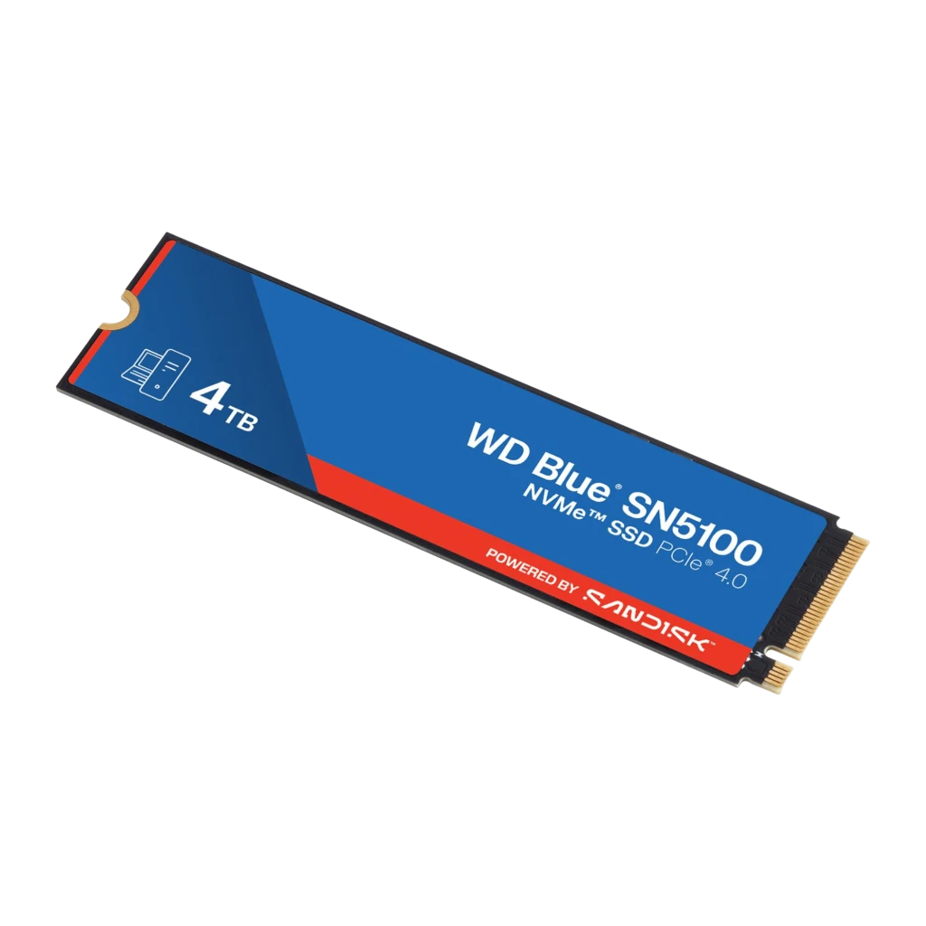 WD Blue SN5100 4TB bleu, vue de face: SSD M.2 avec étiquette bleue et rouge, logo NVMe PCIe 4.0 et connecteur doré - Ítem1