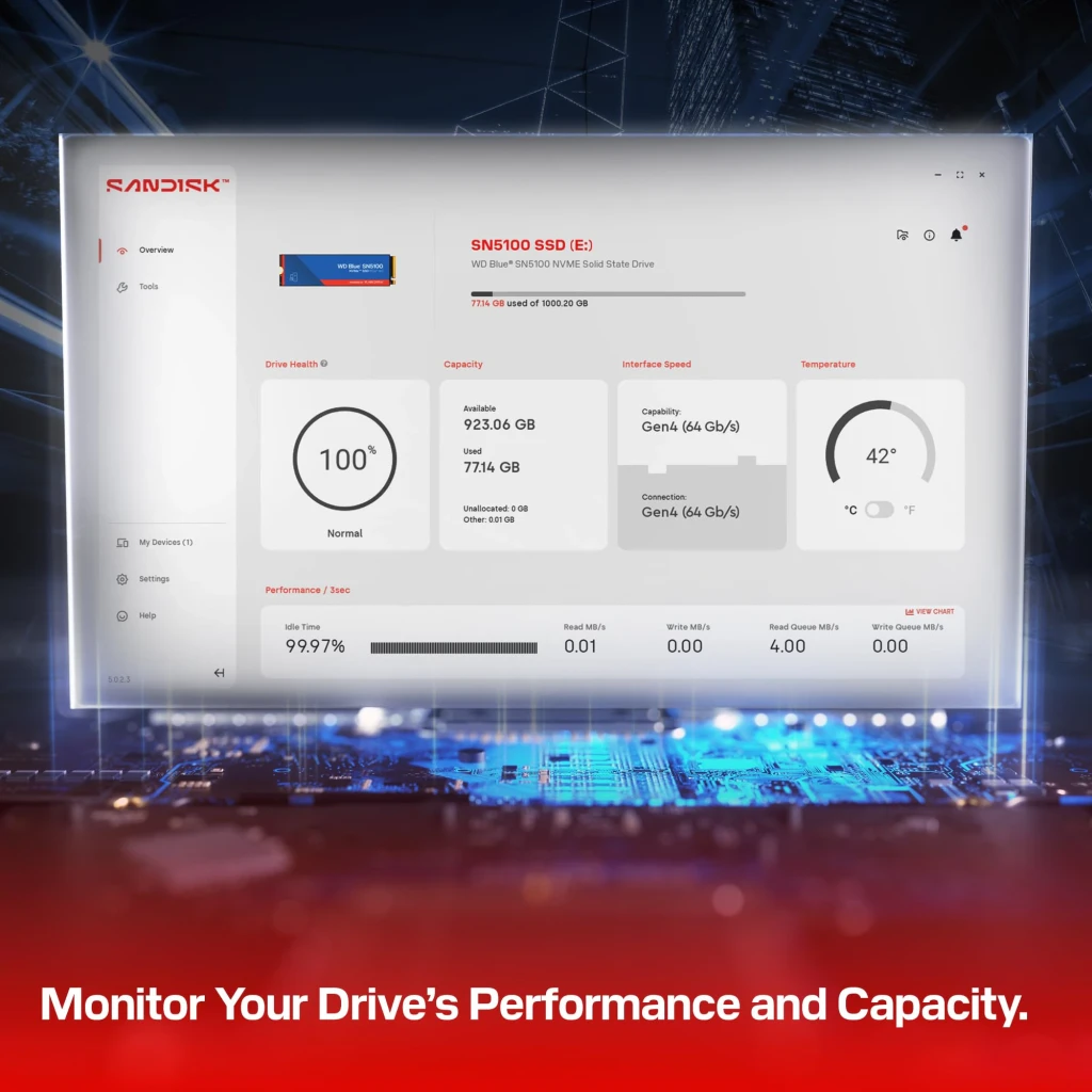 WD Blue SN5100 4TB bleu, vue de face: SSD M.2 avec étiquette bleue et rouge, logo NVMe PCIe 4.0 et connecteur doré - Ítem2