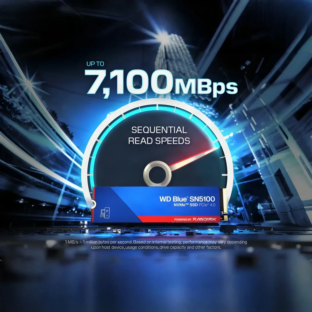 WD Blue SN5100 4TB bleu, vue de face: SSD M.2 avec étiquette bleue et rouge, logo NVMe PCIe 4.0 et connecteur doré - Ítem5