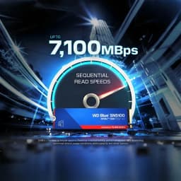 Western Digital Blue SN5100 4TB bleu, infographie: vitesse de lecture séquentielle jusqu'à 7100 Mo/s avec compteur