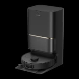 Dreame Robot aspirateur L50 Ultra AE noir, vue en angle: robot sur base de vidage automatique avec liseré doré