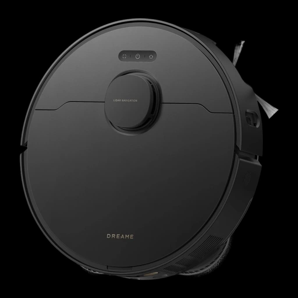 Dreame Robot aspirateur L50 Ultra AE noir, vue du dessus: tourelle LiDAR centrale, boutons de commande et brosse latérale