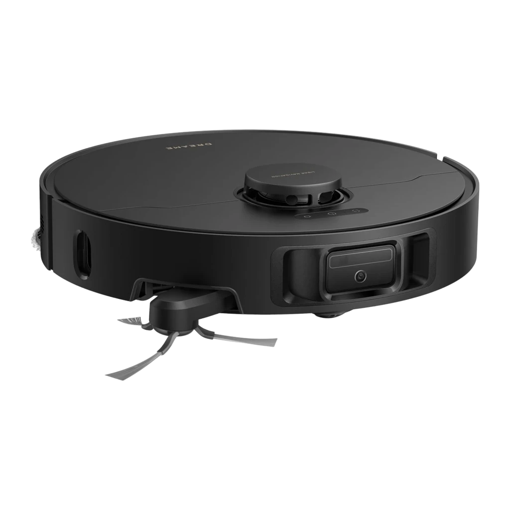 Dreame Robot aspirateur L50 Ultra AE noir, vue en angle: robot sur base de vidage automatique avec liseré doré - Ítem2