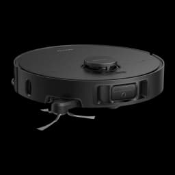 Dreame Robot aspirateur L50 Ultra AE noir, vue basse en angle: serpillière extensible, module frontal et tourelle LiDAR vus