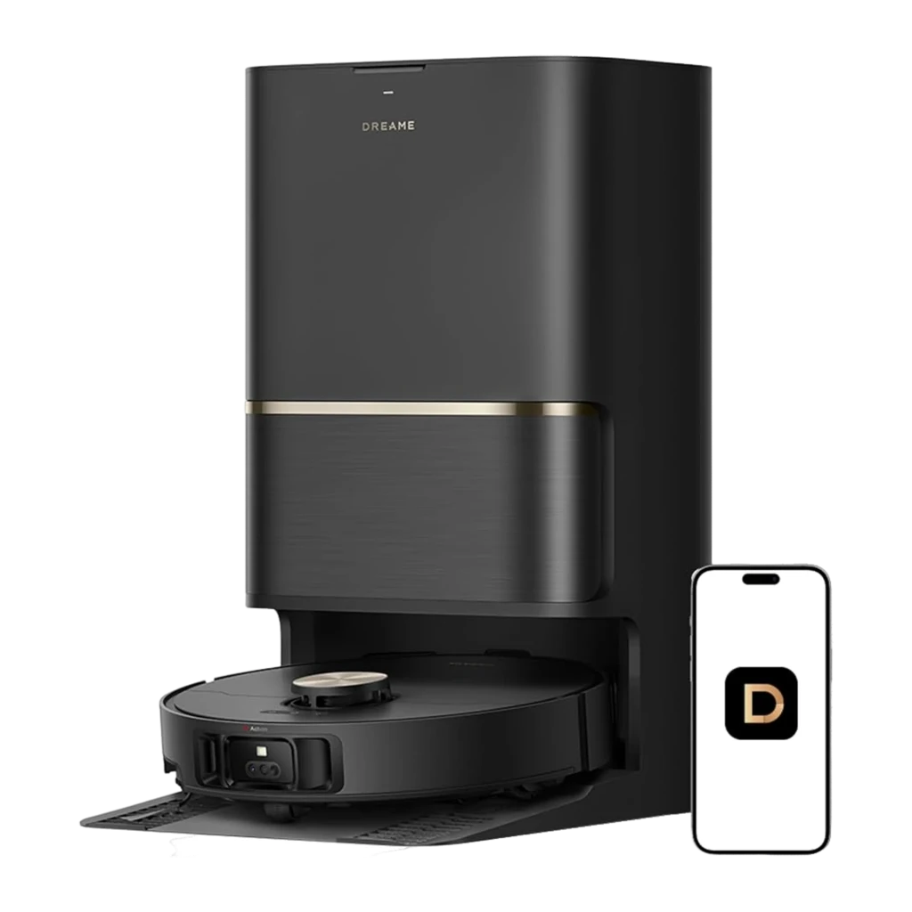 Dreame Robot aspirateur L50 Ultra AE noir, vue en angle: robot sur base de vidage automatique avec liseré doré - Ítem3