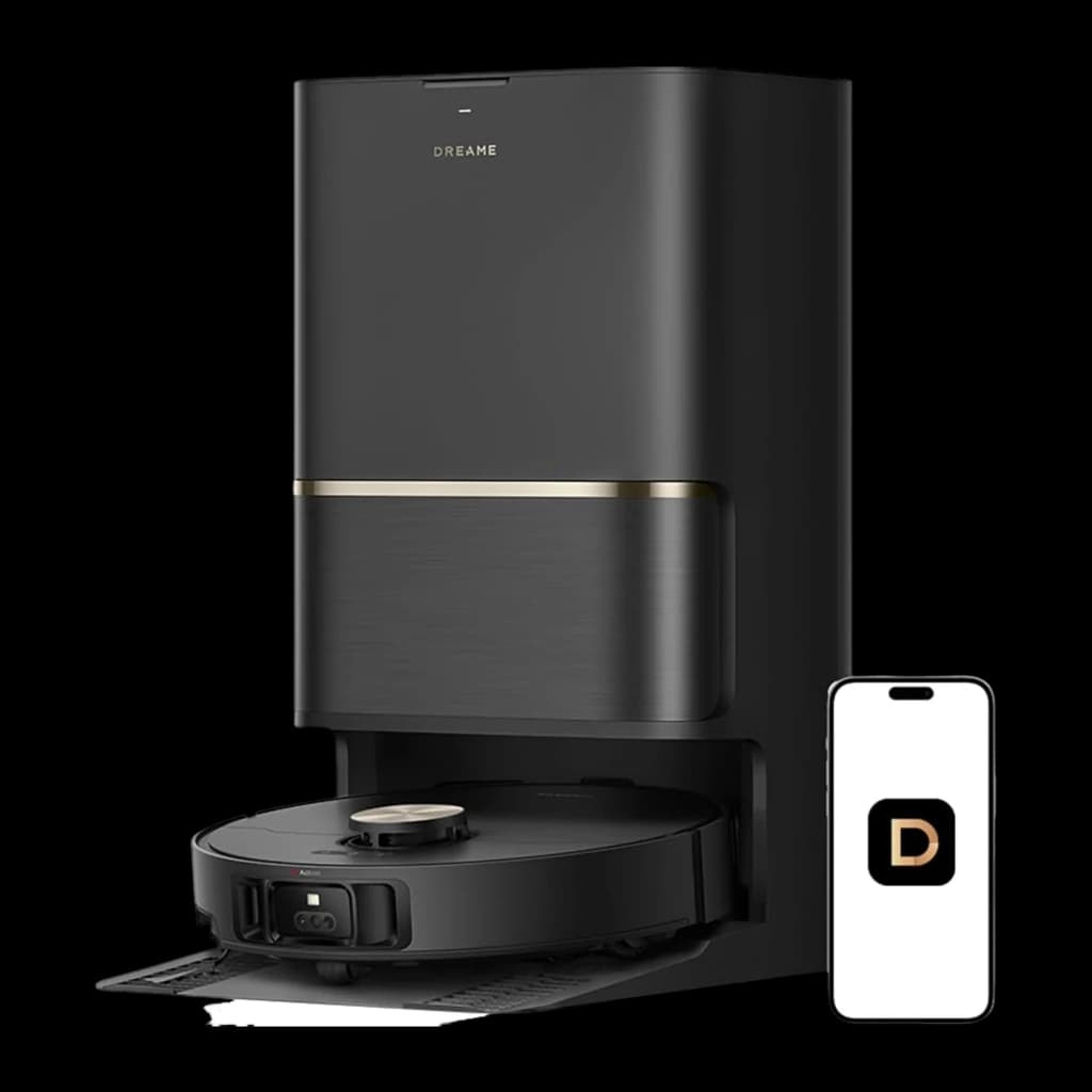 Dreame Robot aspirateur L50 Ultra AE noir, vue de face: ensemble avec base de charge et smartphone affichant l'app Dreame à