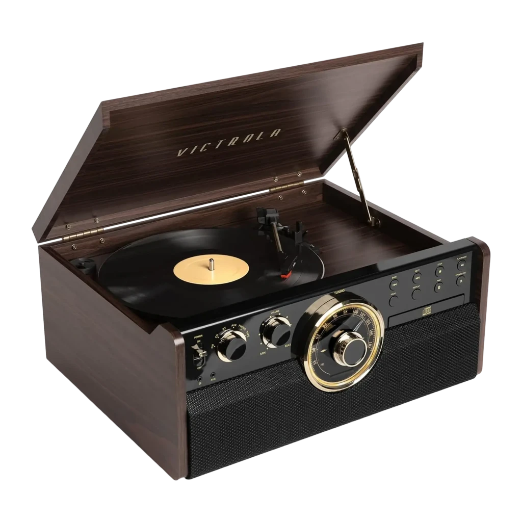 Victrola Tourne-disque Empire 6 en 1 Espresso, vue latérale gauche: vinyle noir sur le plateau avec centre doré et couvercle