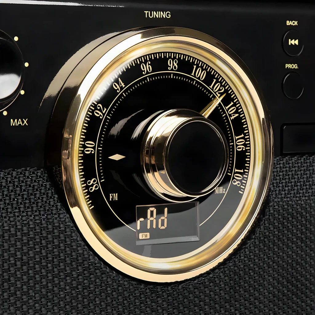 Victrola Tourne-disque Empire 6 en 1 Espresso, détail: cadran de syntonisation FM doré avec écran LCD et échelle de