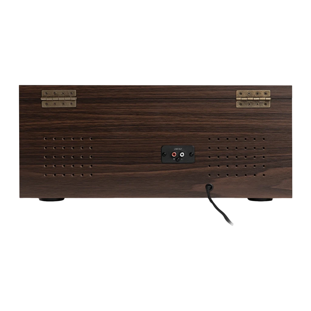 Victrola Tourne-disque Empire 6 en 1 Espresso, vue arrière: panneau bois avec charnières dorées, sortie Line Out et câble