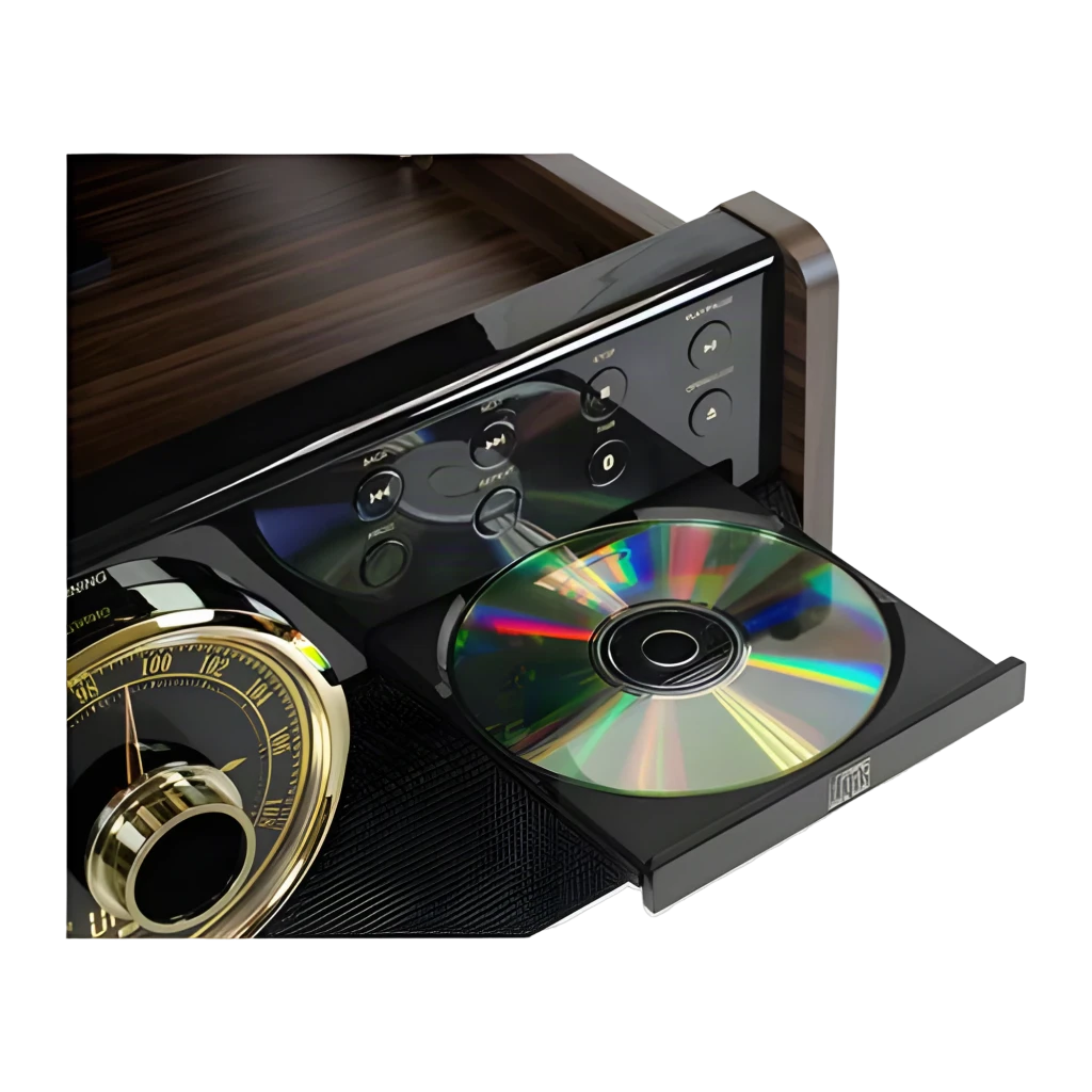 Victrola Tourne-disque Empire 6 en 1 Espresso, détail: tiroir CD ouvert avec disque, boutons de contrôle et cadran dorée