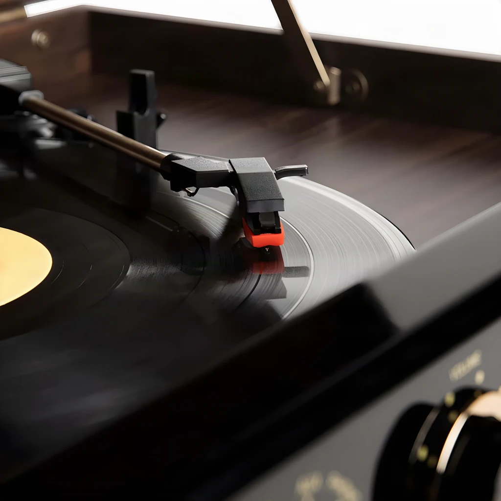 Victrola Tourne-Disque Empire 6 en 1 Espresso, détail: bras de lecture à cellule rouge sur vinyle en rotation, finition bois