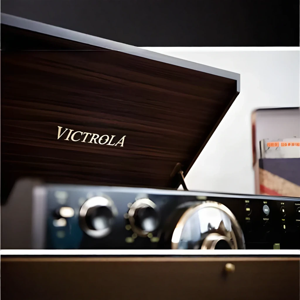Victrola Tourne-Disque Empire 6 en 1 Espresso, détail: couvercle ouvert avec logo Victrola et boutons métalliques au premier