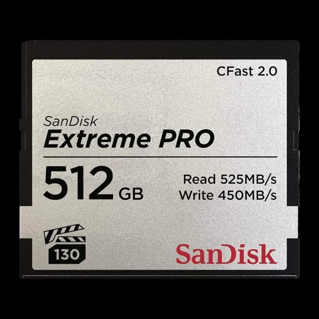 SanDisk Extreme PRO CFast 2.0 512GB noir gris, vue avant: face argentée avec capacité, vitesse 525Mo/s lecture et logo